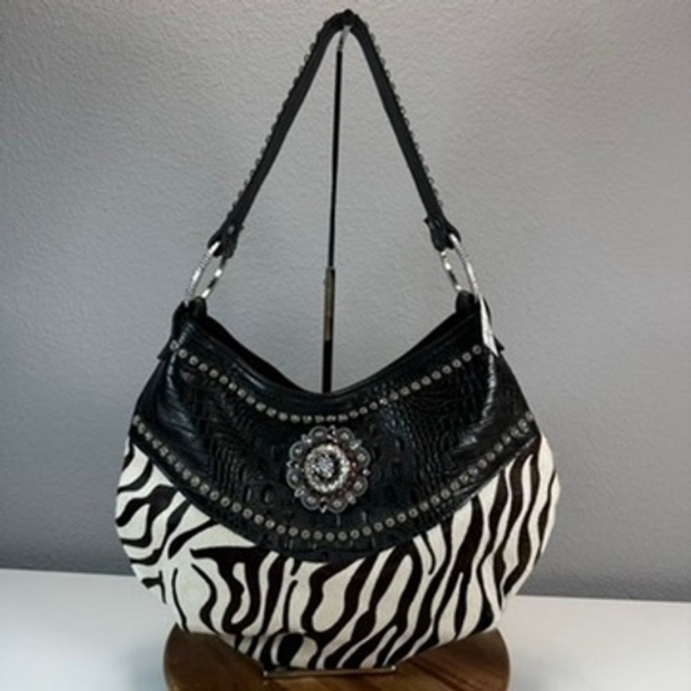 Raviani Leather Zebra Fur Hobo Bag Rhinestone Gems Purse Shoulder Bag Western